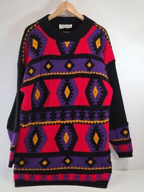 North American Sweaters Acrylic Aztec Pattern Black Long Sweater Tunic Vtg